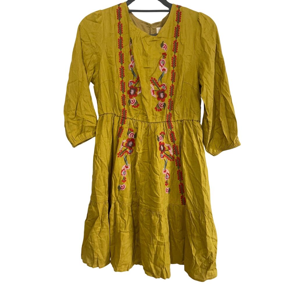 NWT Roolee Embroidered Floral 3/4 Sleeve Mini Dress Mustard Womens Size Small